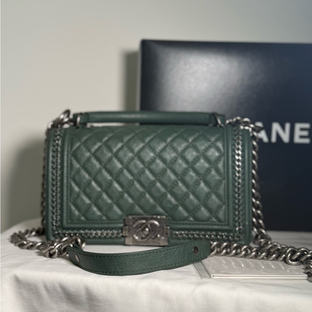Chanel Boy Top-Handle Flap Bag Dark Green Calfskin SM 23-Series